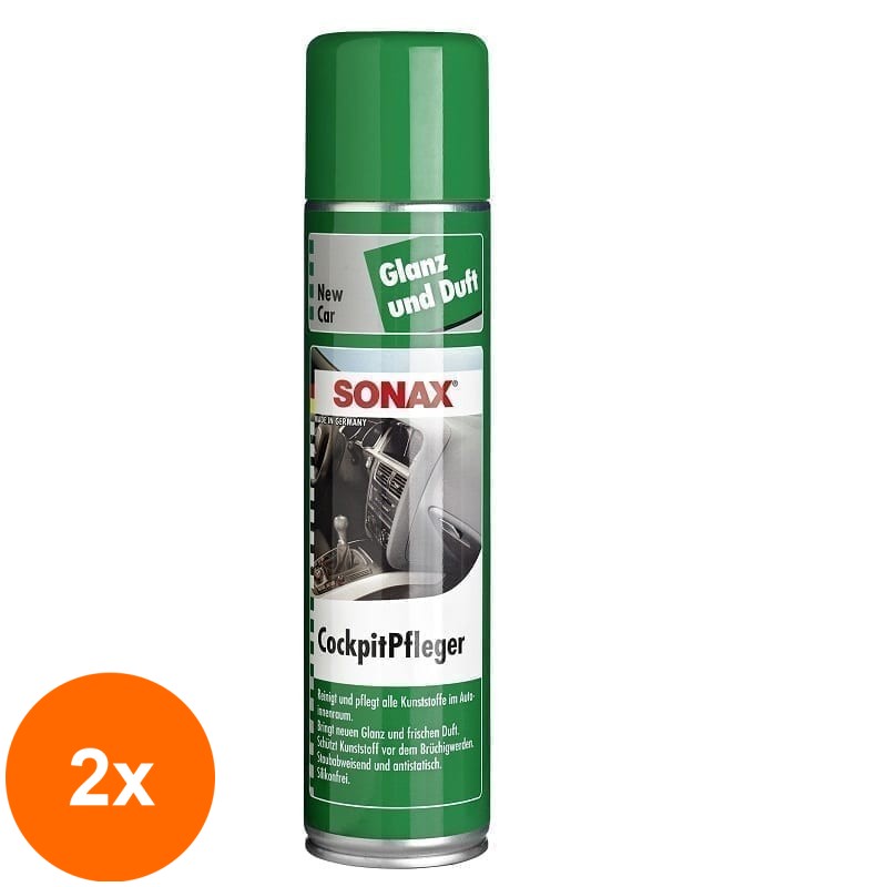 Set 2 x Spray pentru Intretinerea Suprafetelor Interioare din Plastic, New Car, 400 ml, Sonax