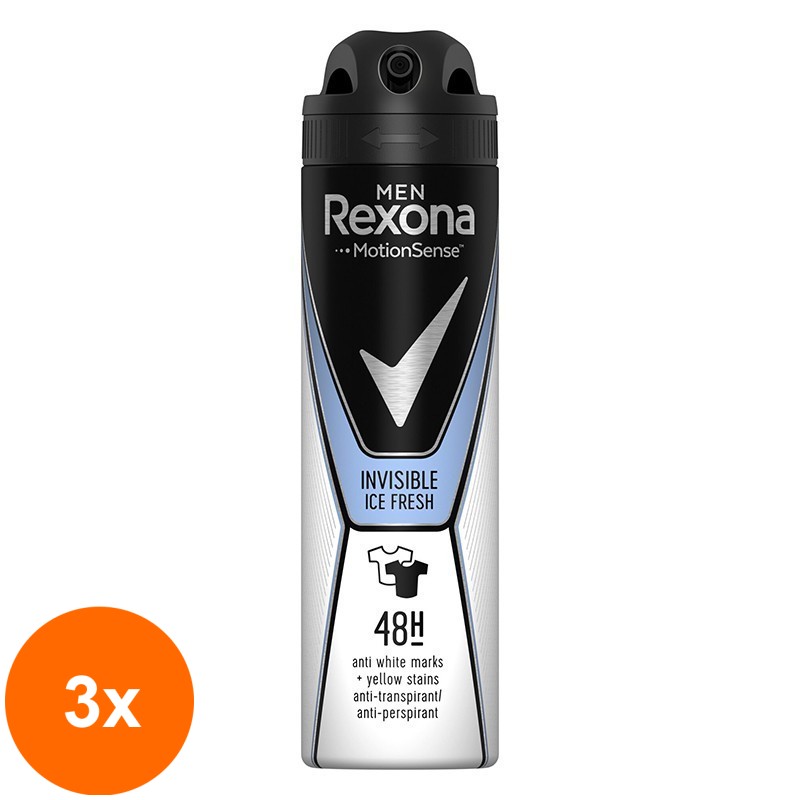 Set 3 x Deodorant Antiperspirant Spray Rexona Men Invisible Ice Fresh, pentru Barbati, 150 ml