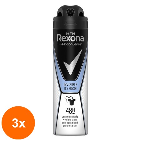 Set 3 x Deodorant Antiperspirant Spray Rexona Men Invisible Ice Fresh, pentru Barbati, 150 ml...