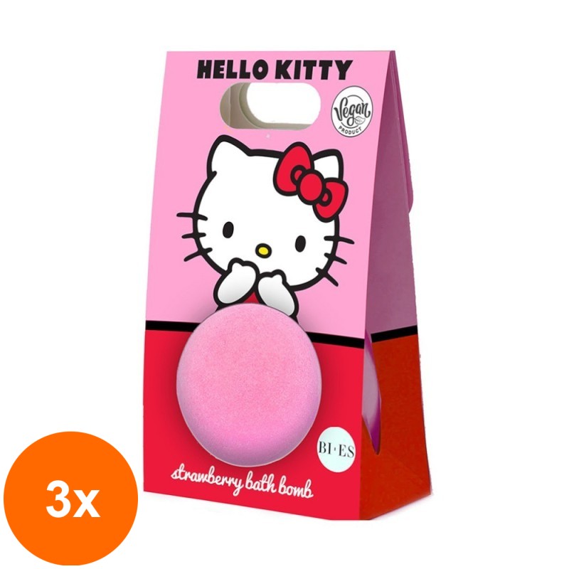 Set 3 x Bomba de Baie Bi-Es Hello Kitty, Capsuni, 165 g