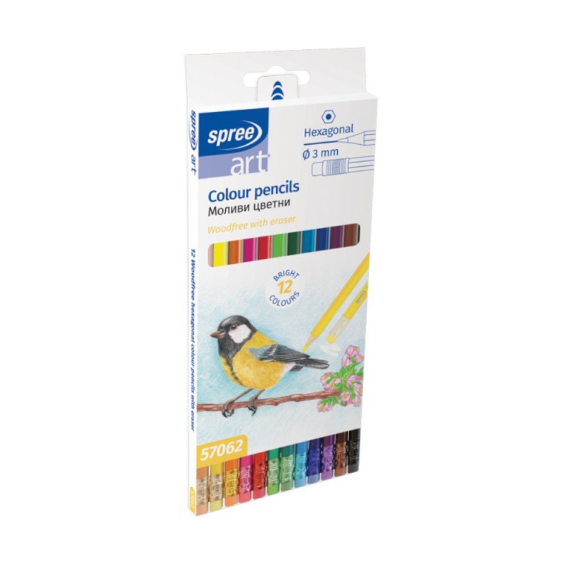 Creioane Colorate, Spree, cu Guma, 3 mm, 12 Bucati