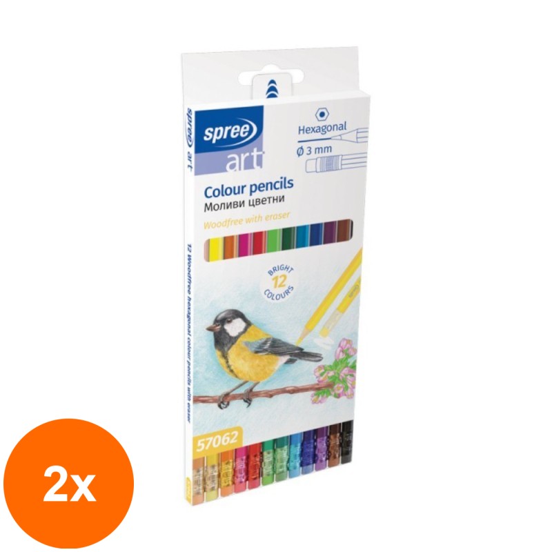 Set 2 x Creioane Colorate, Spree, cu Guma, 3 mm, 12 Bucati