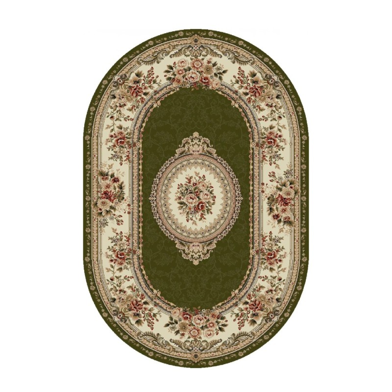 Covor Oval, 100 x 200 cm, Verde / Crem, Model Floral Lotos