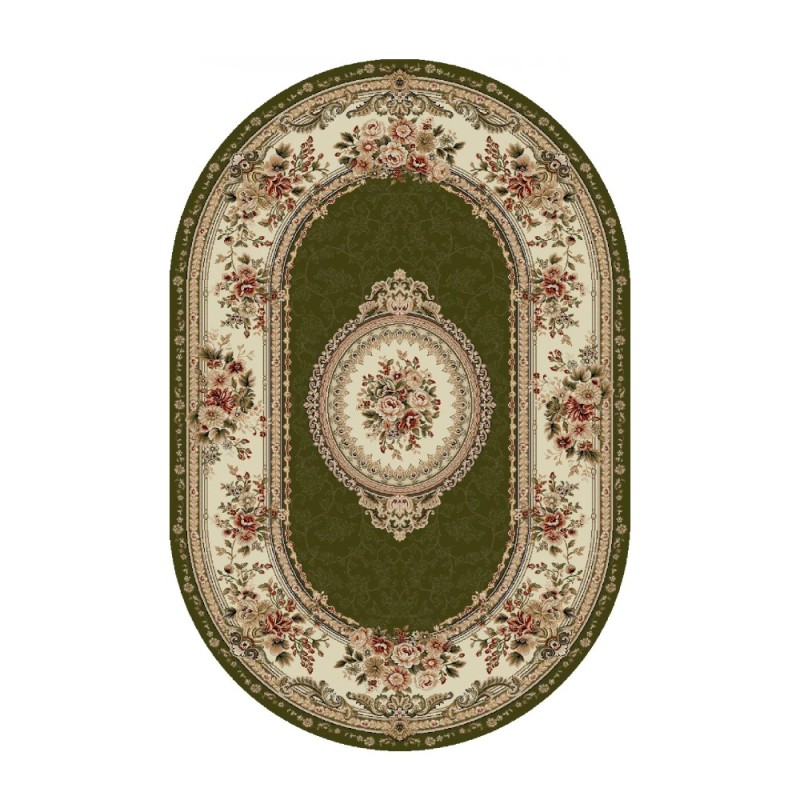 Covor Oval, 200 x 300 cm, Verde / Crem, Model Floral Lotos