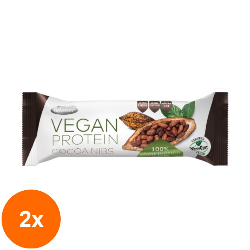Set 2 x Baton Proteic Vegan cu Bucati de Cacao, Tekmar, 40 g