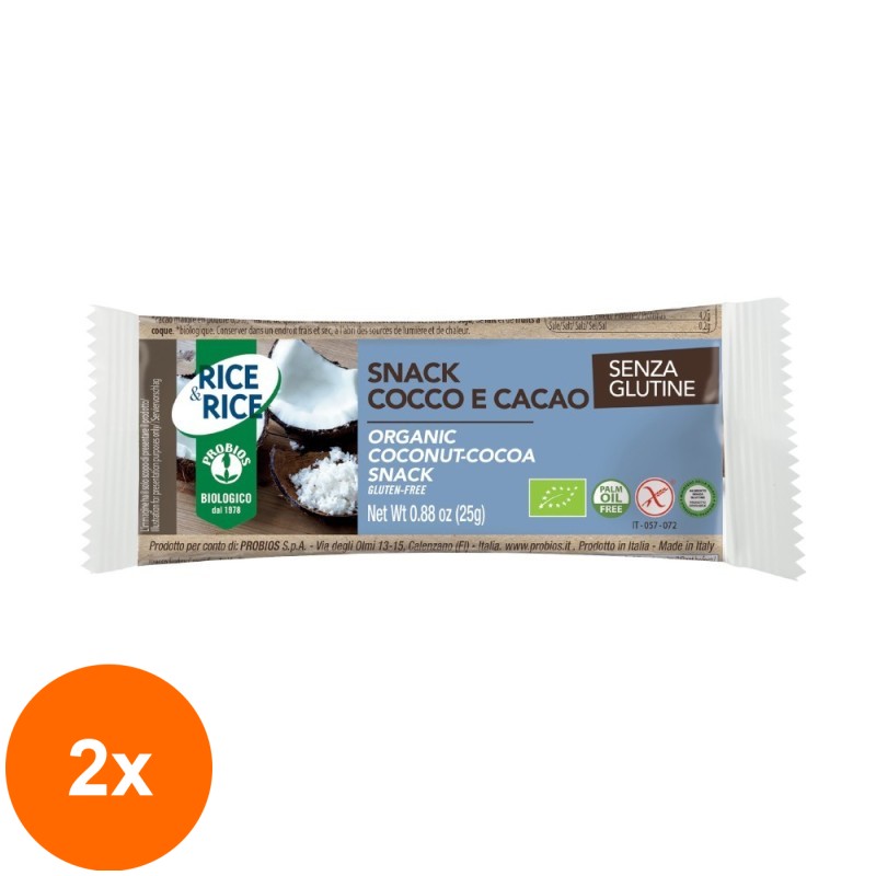 Set 2 x Snack Eco din Orez cu Cocos si Cacao, fara Gluten, Probios, 25 g