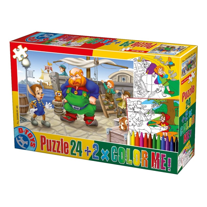 Puzzle 24 Piese, D-Toys, Pinocchio si 2 Planse de Colorat, Hansel si Gretel si Scufita Rosie