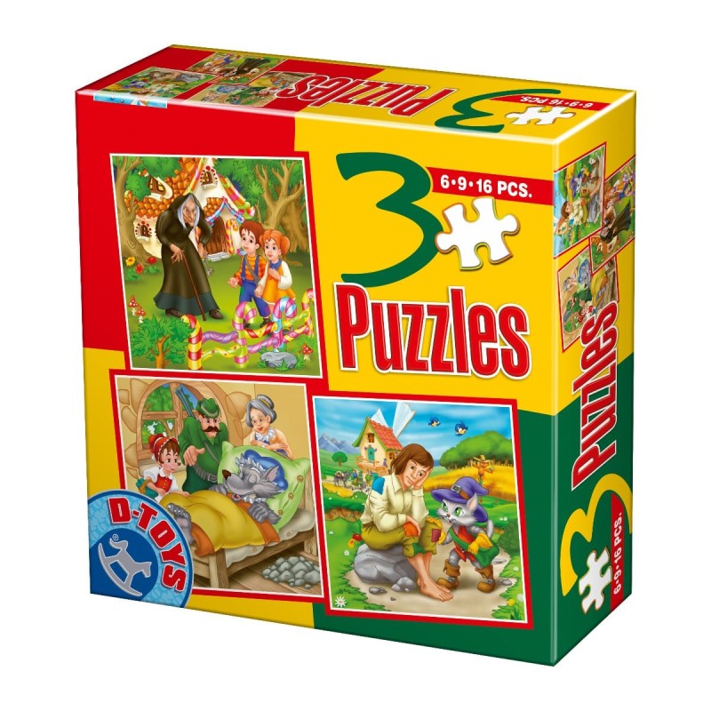 Colectie 3 Puzzle-uri, D-Toys, Hansel si Gretel, Scufita Rosie, Motanul Incaltat, 6, 9 si 16 Piese