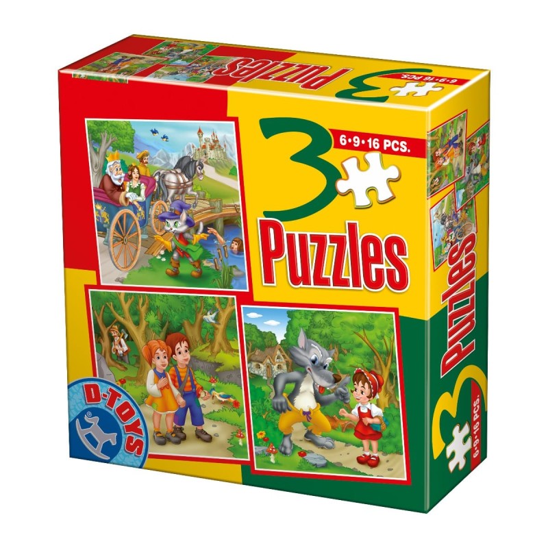 Colectie 3 Puzzle-uri, D-Toys, Motanul Incaltat, Hansel si Gretel, Scufita Rosie, 6, 9 si 16 Piese
