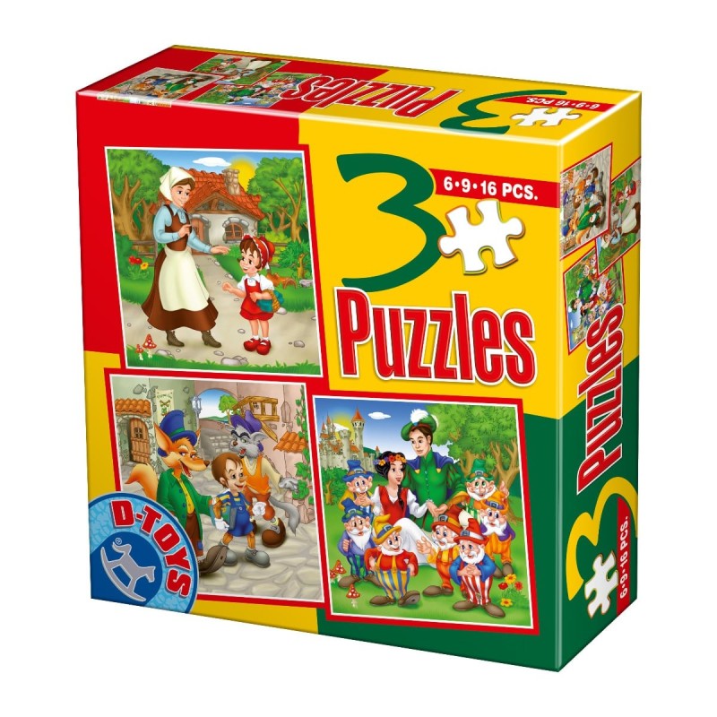Colectie 3 Puzzle-uri, D-Toys, Scufita Rosie, Pinocchio, Alba ca Zapada, 6, 9 si 16 Piese