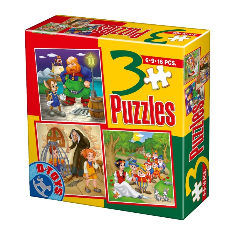 Colectie 3 Puzzle-uri, D-Toys, Pinocchio, Hansel si Gretel, Alba ca Zapada, 6, 9 si 16 Piese