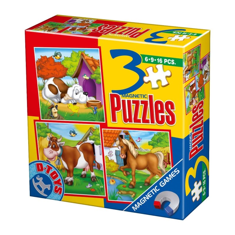 Colectie 3 Puzzle-uri Magnetice, D-Toys, Animale Domestice, 6, 9 si 16 Piese