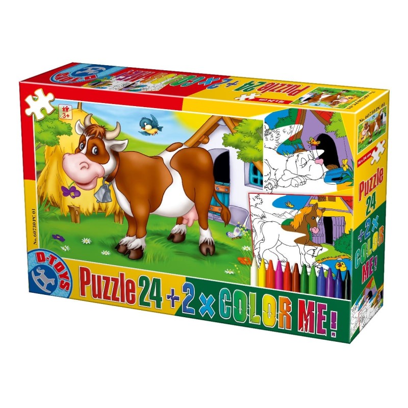 Puzzle 24 Piese, D-Toys, cu Animale, 2 Fise de Colorat si Creioane Colorate Color Me