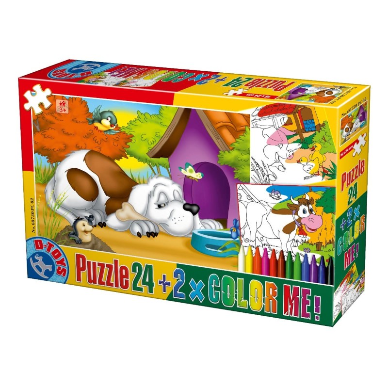 Puzzle 24 Piese, D-Toys, Animale, 2 Fise de Colorat si Creioane Colorate Color Me