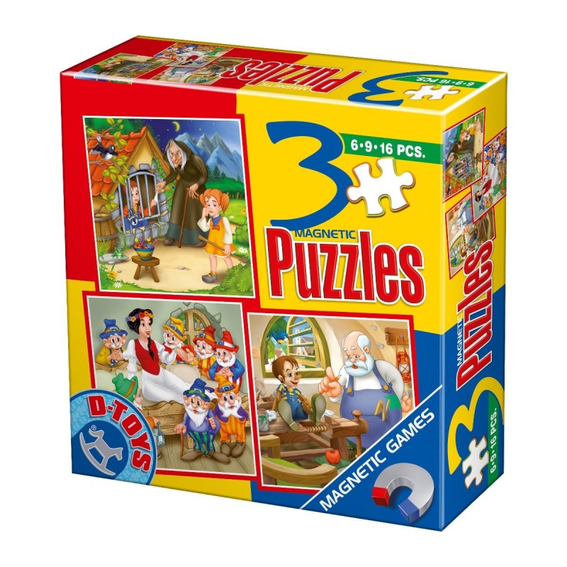 Colectie 3 Puzzle-uri Magnetice, D-Toys, Hansel si Gretel, Alba ca Zapada si Pinocchio, 6, 9 si 16 Piese 