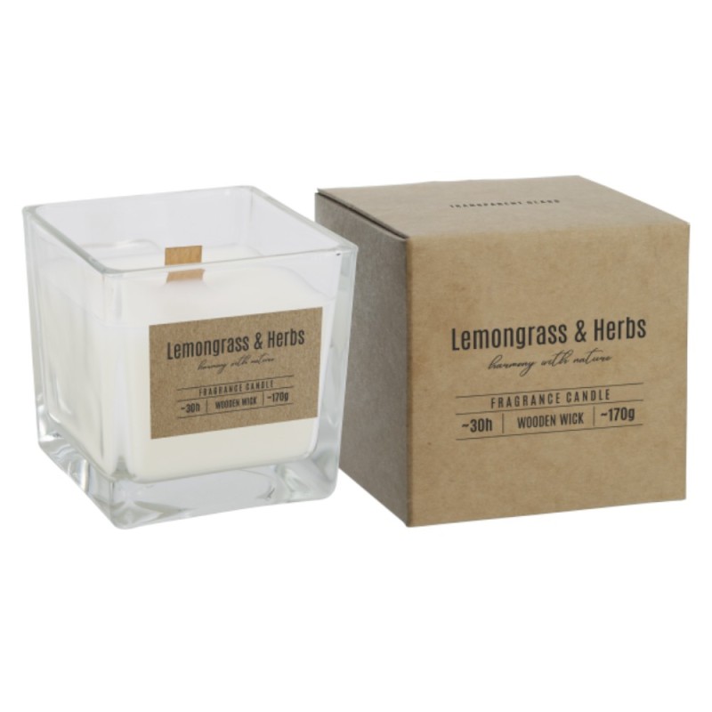 Lumanare Parfumata in Pahar Transparent cu Fitil de Lemn, Bispol, LemonGrass-Herbs