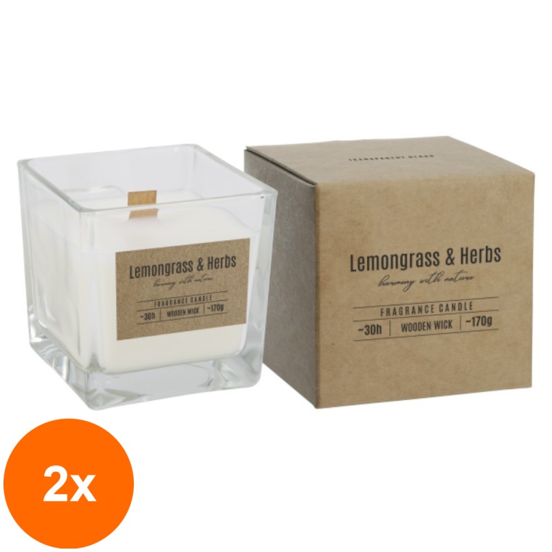 Set 2 x Lumanare Parfumata in Pahar Transparent cu Fitil de Lemn, Bispol, LemonGrass-Herbs