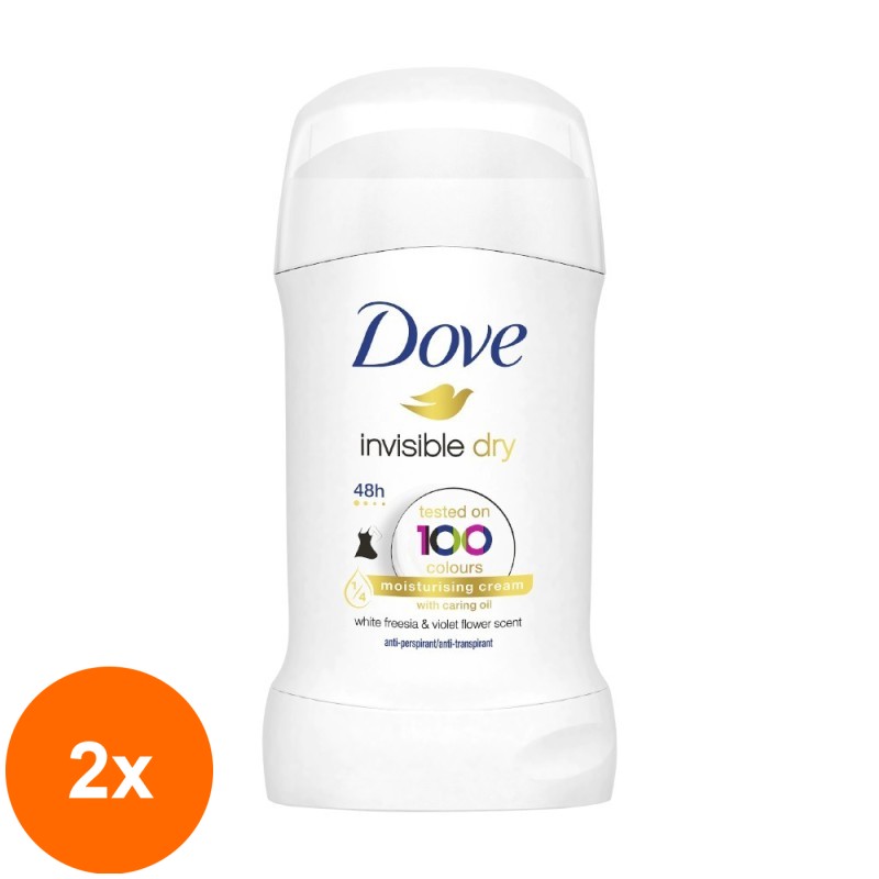 Set 2 x Deodorant Antiperspirant Stick Dove Invisible Dry pentru Femei, 40 ml