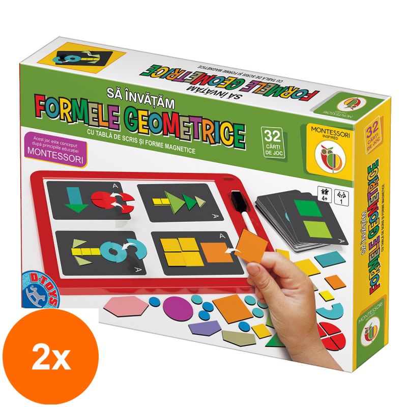 Set 2 x Joc Educativ Montessori, D-Toys, Sa Invatam Formele Geometrice, Tabla Magnetica, Forme Magnetice