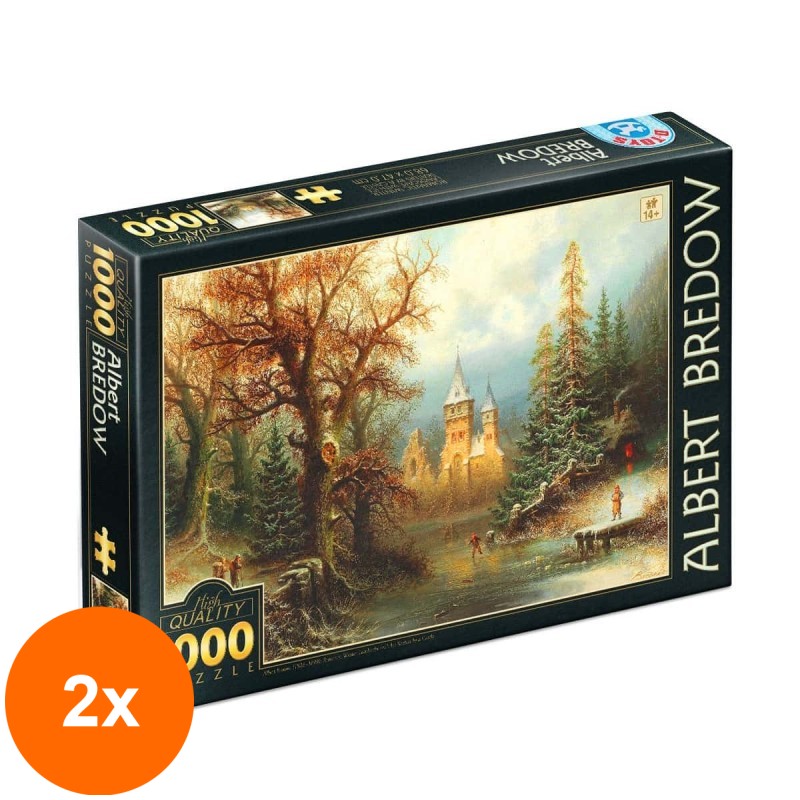 Set 2 x Puzzle 1000 Piese D-Toys, Albert Bredow, Romantic Winter Landscape with Ice Skaters by a Castle