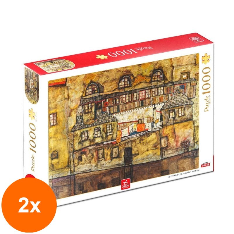 Set 2 x Puzzle 1000 Piese pentru Adulti, Deico, Egon Schiele, House Wall on the River