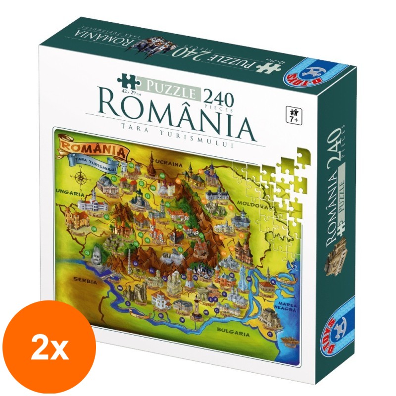 Set 2 x Puzzle Cultural 240 Piese, D-Toys, Romania, Tara Turismului