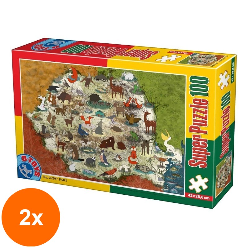 Set 2 x Puzzle 100 Piese, D-Toys, Animale din Romania