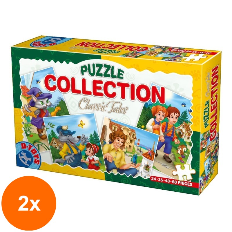 Set 2 x Colectie 4 Puzzle-uri, D-Toys, Motanul Incaltat, Scufita Rosie, Calatoriile lui Gulliver, Hansel si Gretel, 24, 35, 48, 