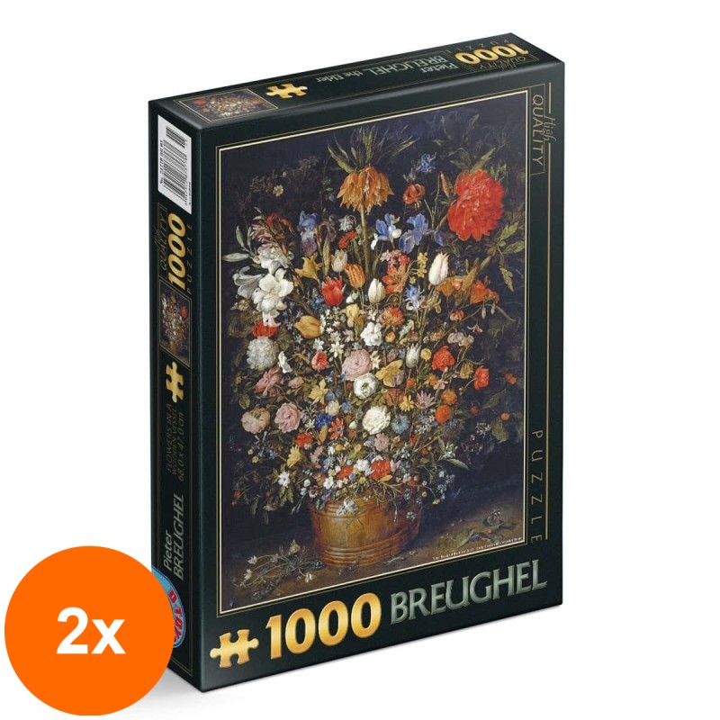 Set 2 x Puzzle 1000 Piese D-Toys, Bruegel cel Batran, Flowers in a Wooden Vessel