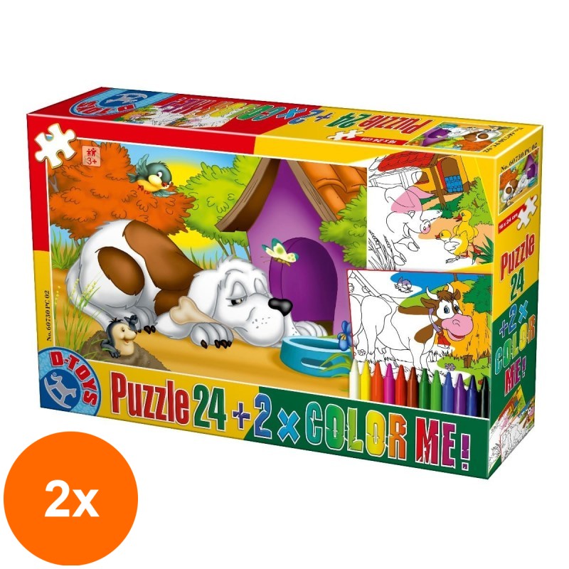 Set 2 x Puzzle 24 Piese, D-Toys, Animale, 2 Fise de Colorat si Creioane Colorate Color Me