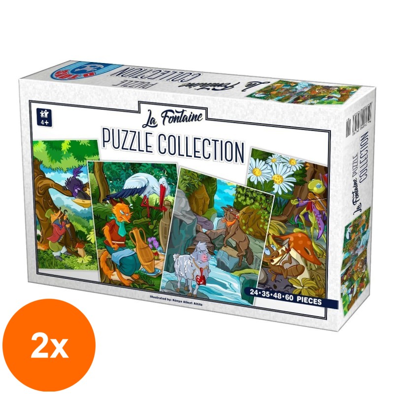 Set 2 x Colectie 4 Puzzle-uri D-Toys, La Fontaine, Fabule, 24, 35, 48 si 60 Piese