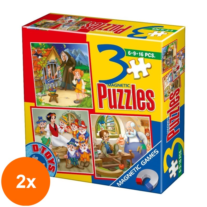 Set 2 x Colectie 3 Puzzle-uri Magnetice, D-Toys, Hansel si Gretel, Alba ca Zapada si Pinocchio, 6, 9 si 16 Piese