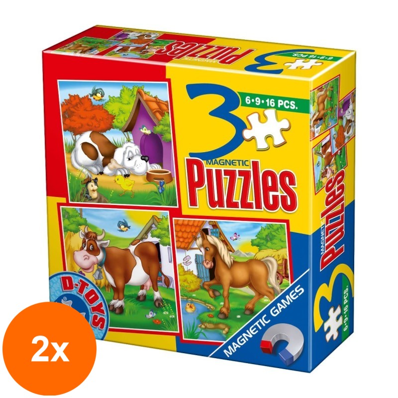 Set 2 x Colectie 3 Puzzle-uri Magnetice, D-Toys, Animale Domestice, 6, 9 si 16 Piese
