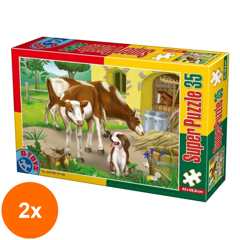 Set 2 x Puzzle 35 Piese, D-Toys, Animale Domestice, Vacute si Catel