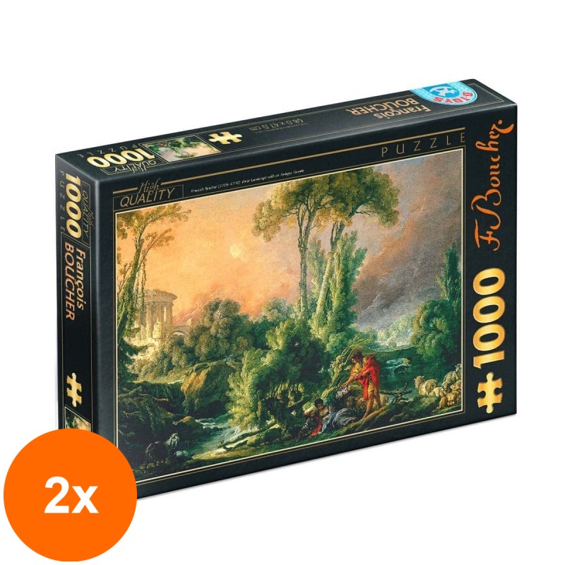 Set 2 x Puzzle 1000 Piese D-Toys, Francois Boucher, River Landscape with an Antique Temple