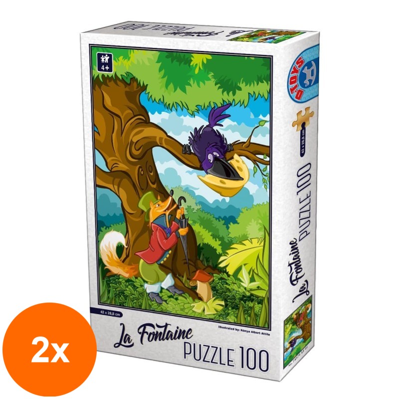 Set 2 x Puzzle 100 Piese, D-Toys, La Fontaine, Vulpea si Corbul