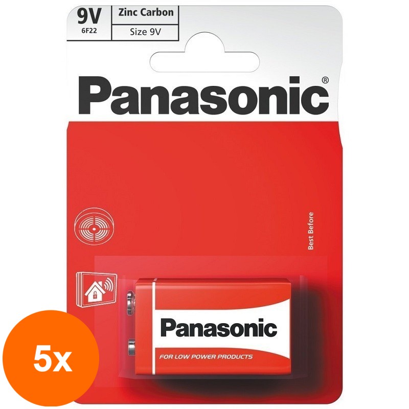 Set 5 x Baterie Panasonic Red Zinc Carbon 6F22RZ 9V/1BP, 1 Buc / Blister