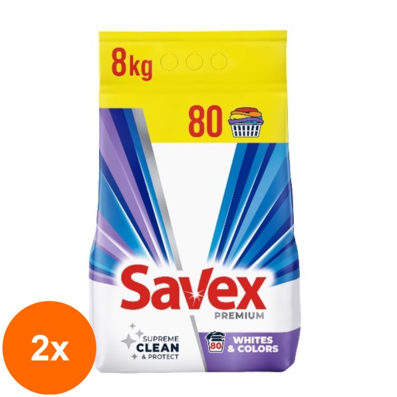 Set 2 x Detergent Automat Savex Premium Whites & Colors, 80 Spalari, 8 kg
