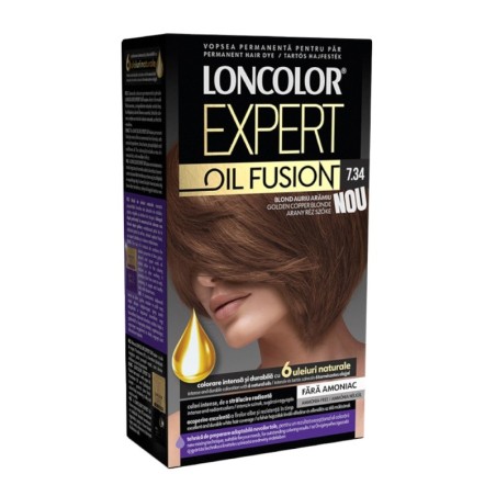 Vopsea de Par Permanenta Loncolor Expert Oil Fusion, 7.34 Blond Auriu Aramiu, 100 ml...