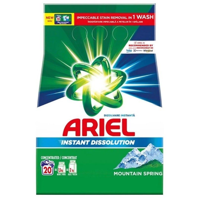 Detergent de Rufe Pudra Automat Ariel, Mountain Spring, 1.5 kg, 20 Spalari