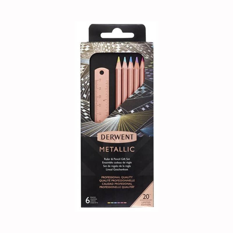 Set 6 Creioane Colorate Metalice cu Rigla Derwent
