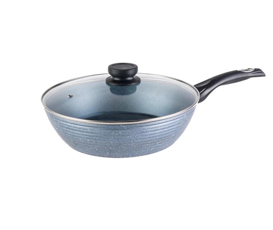 Tigaie wok din aluminiu, interior exterior placat cu ceramica, cu capac din sticla, 3.30 l, 28 x 7.50 cm, Grunberg GR3215