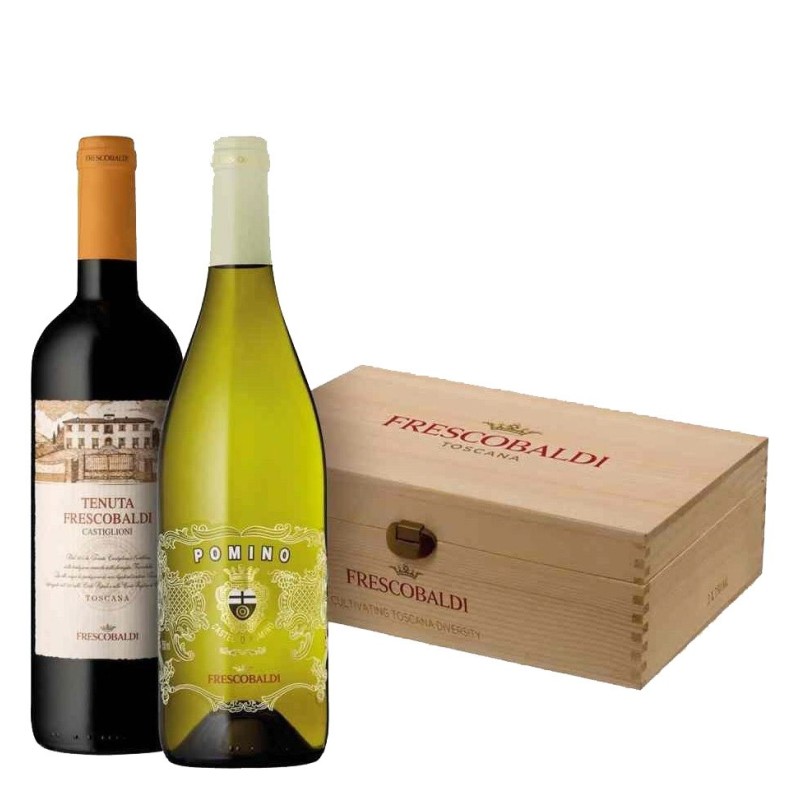Pachet Vin Alb Pomino, Italia Frescobaldi DOC, 12,5%, 0.75 l si Vin Rosu Castiglioni Toscana IGT, 13%, 0.75 l, 2 x Sticle in Cut