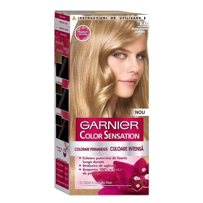 Vopsea de Par Permanenta cu Amoniac Garnier Color Sensation 8.0 Blond Deschis Luminos, 110 ml