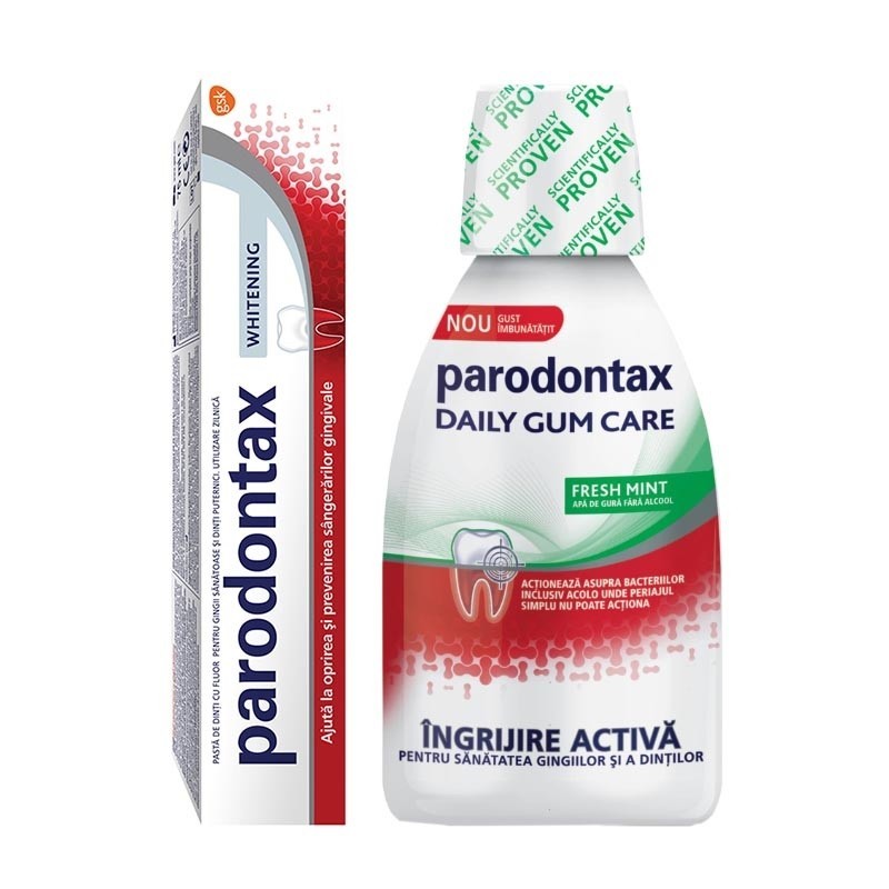 Set Parodontax Pasta de Dinti Complete Protection Whitening  75 ml, Apa de gura Daily Gum Care Fresh Mint 300 ml