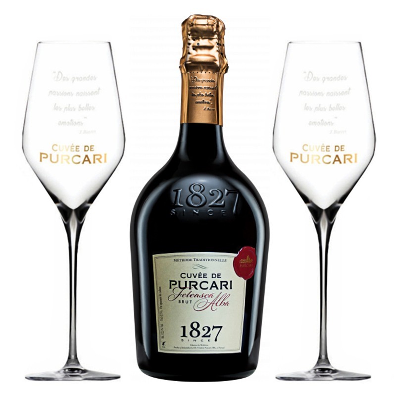 Vin Spumant Cuvee de Purcari Classic Feteasca Alba Brut, 0.75 l + 2 Pahare