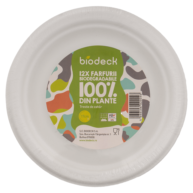 Farfurii Biodegradabile, Compostabile, Rotunde, Albe, 17 cm, 12 buc