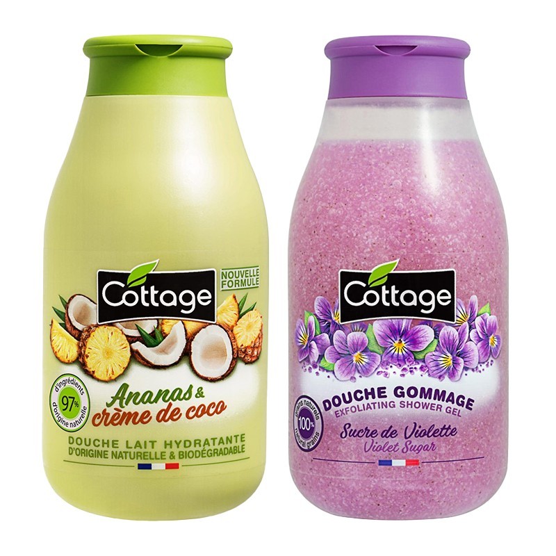 Set Gel de Dus si Lapte de Baie Cottage Ananas si Cocos 250 ml + Gel de Dus Exfoliant Extract de Violete, 270 ml
