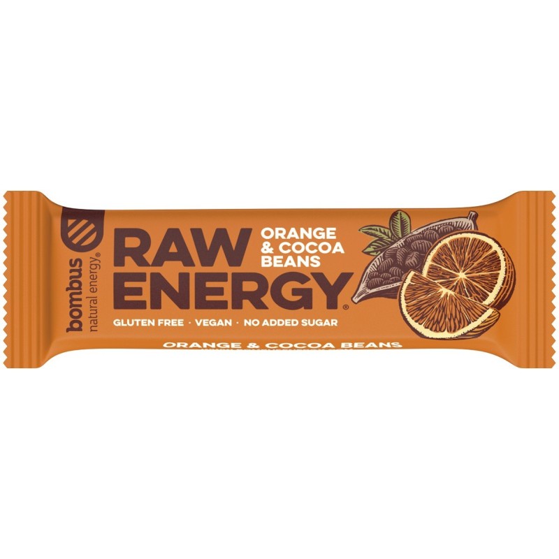 Baton Proteic Raw Energy cu Portocale si Boabe de Cacao, 50g Bombus