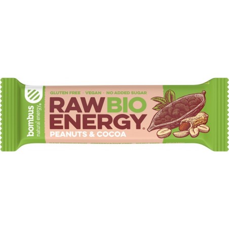 Baton Energizant Bio, Raw Energy, cu Arahide si Cacao 50 g Bombus...
